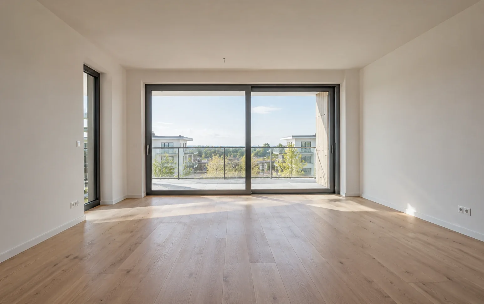 Leeres Wohnzimmer in einer Neubauwohnung mit bodentiefem Fenster