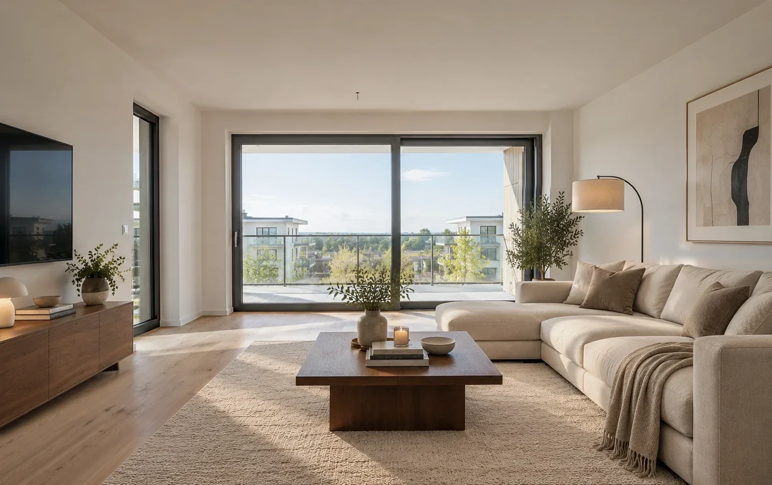 Derselbe Raum virtuell eingerichtet mit Sofa, Couchtisch und Sideboard